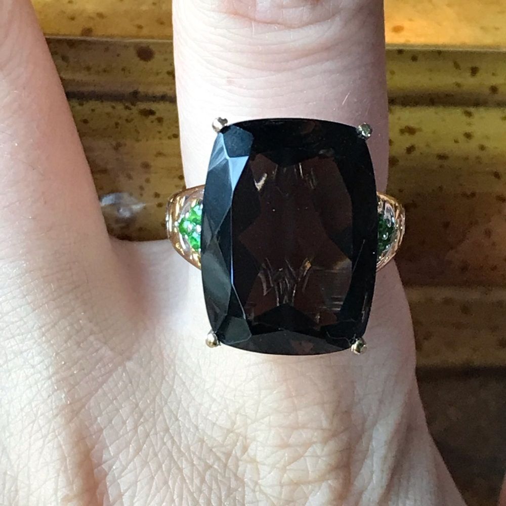 Genuine Smoky Quartz Chrome Diopside Sterling Silver Cocktail Ring Size 8